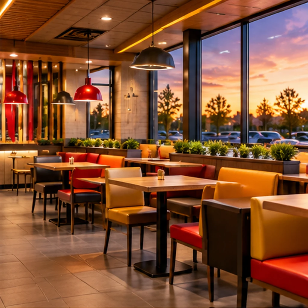 Illustrative modern fast-food dining area, computer generated, not a McDonald’s location